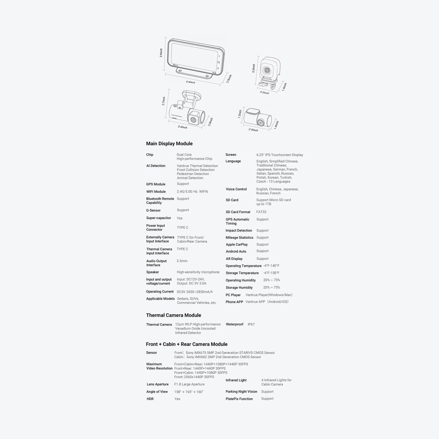 Vantrue Pilot 2 technical specs sheet detailing 6.25 inch display and Sony STARVIS sensors