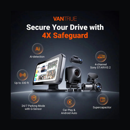 Vantrue Pilot 2 4-channel dash cam system with 6.25 inch CarPlay HUD display and cameras