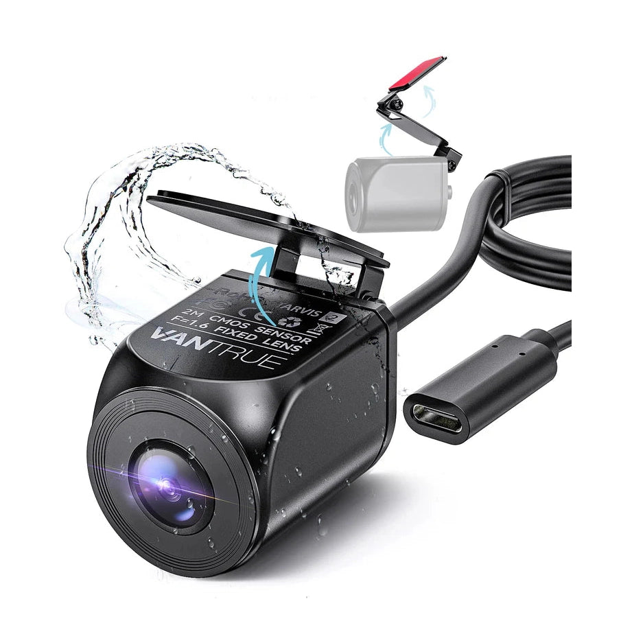 Vantrue RC07 black waterproof rear dash camera with IP67 rating and USB-C cable