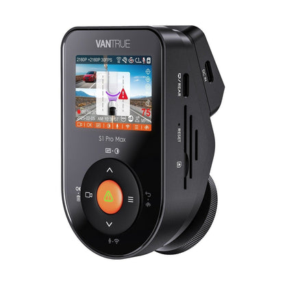 Vantrue S1 Pro Max dual 4K recording screen showing front and rear highway views
