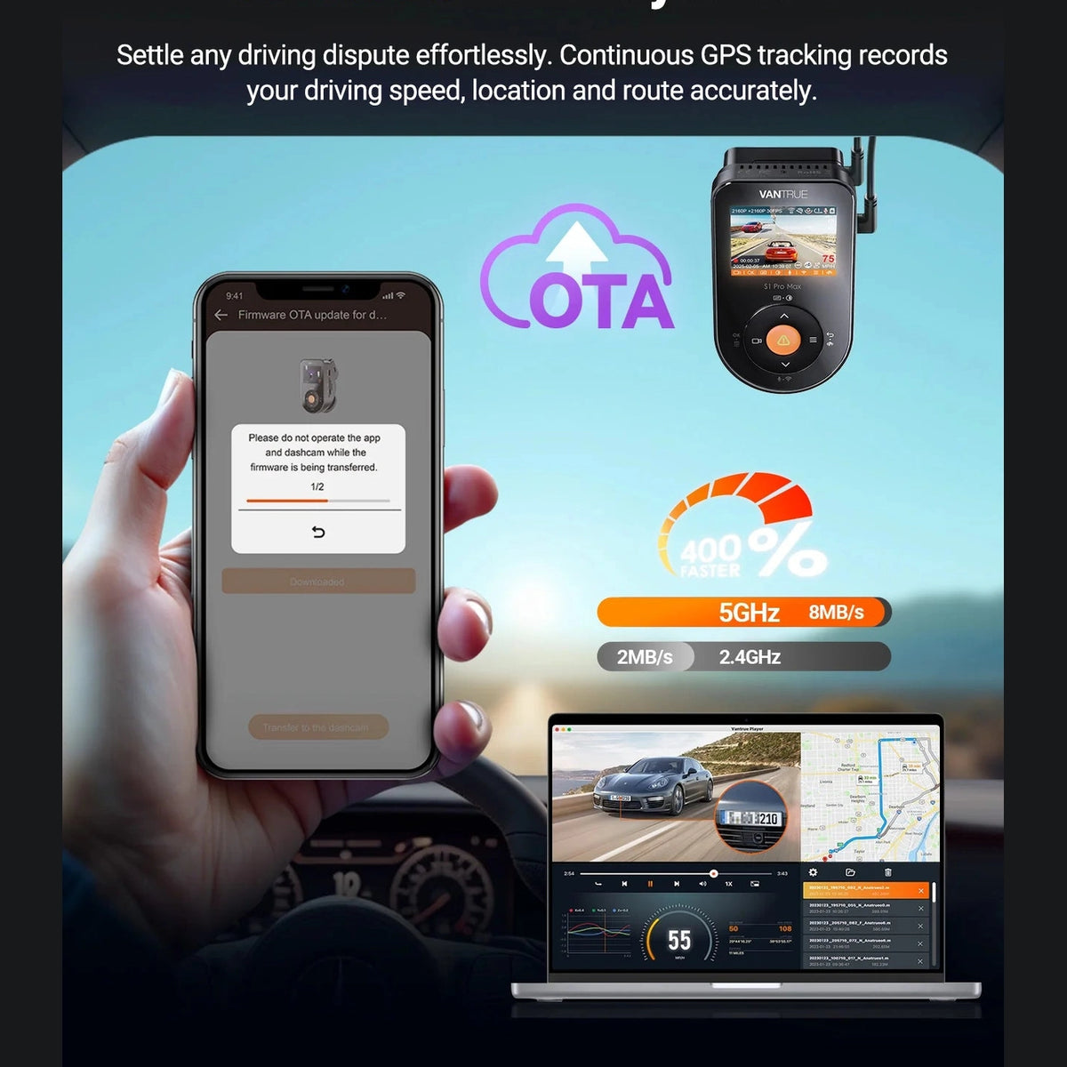 Vantrue S1 Pro Max 5G WiFi firmware update and GPS tracking dashboard interface