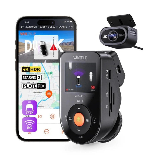 Vantrue S1 Pro Max dual 4K dash cam system with smartphone app interface and rear camera