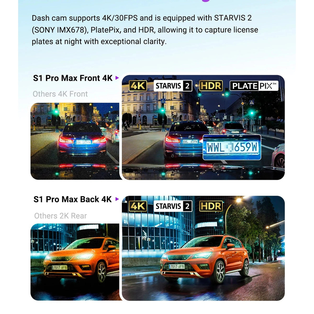 Vantrue S1 Pro Max dual 4K night vision comparison showing clear license plate capture