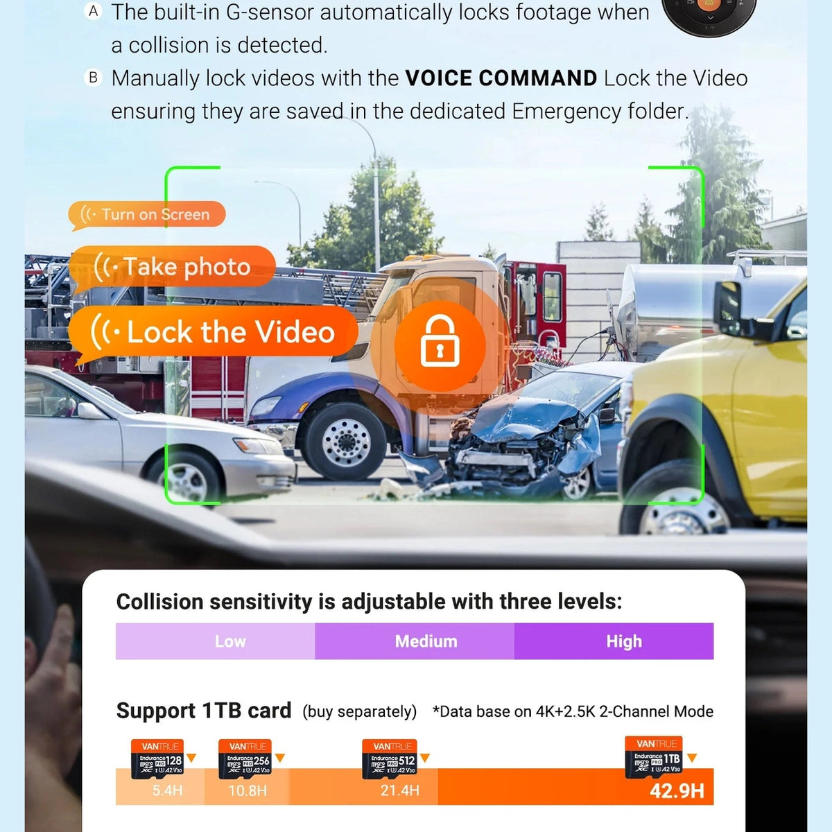 Vantrue S1 Pro Max voice control emergency lock and adjustable collision sensitivity settings
