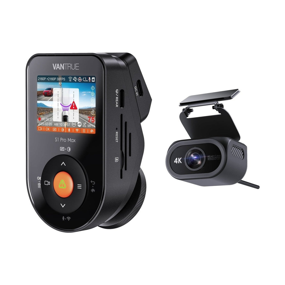 Vantrue S1 Pro Max front unit with ports and separate 4K rear camera bracket