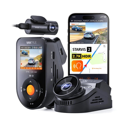 Vantrue Sonnet 1 Pro 2.7K HDR dash cam kit with rear camera and mobile app display