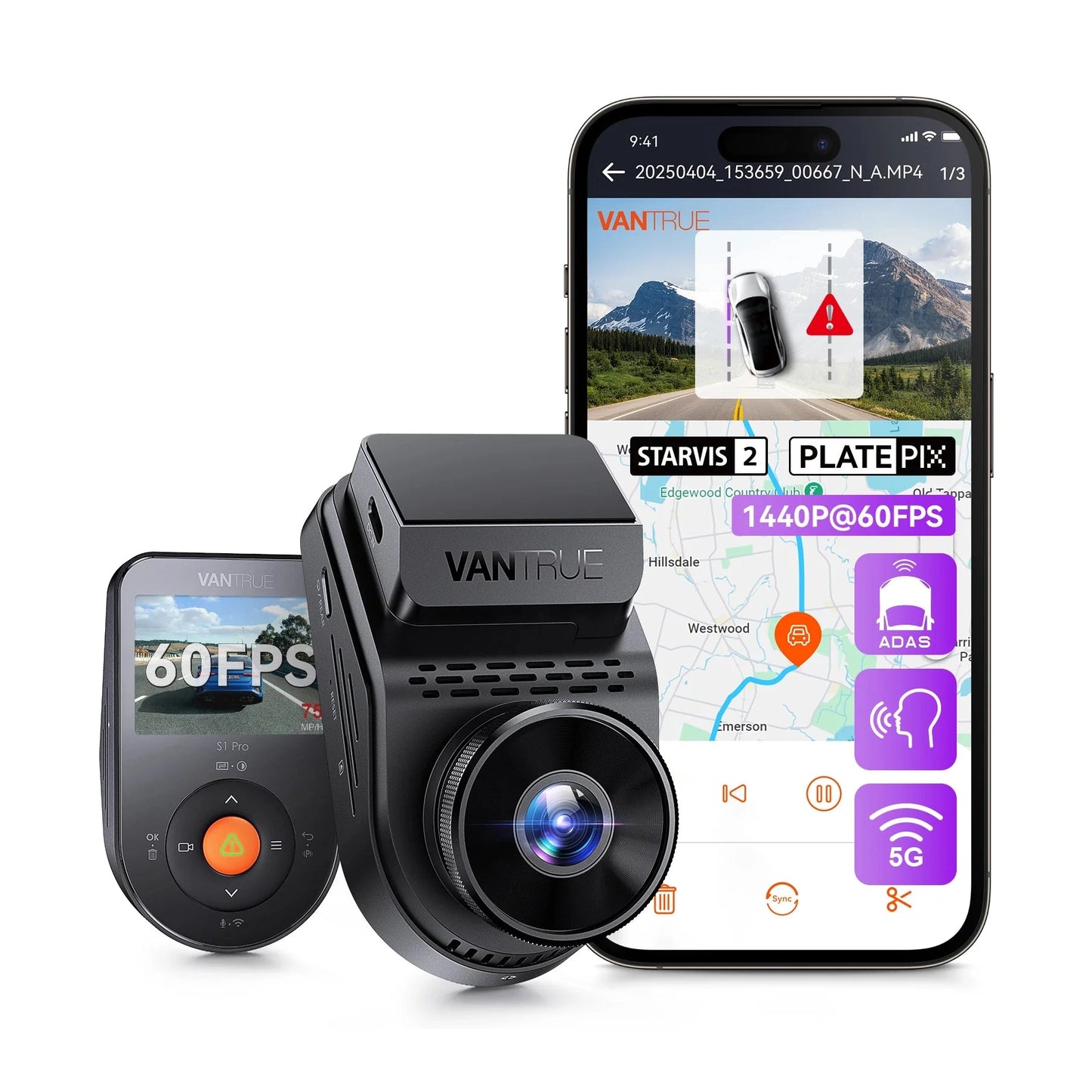 Vantrue S1 Pro dual channel dash cam system with rear camera and smartphone live feed
