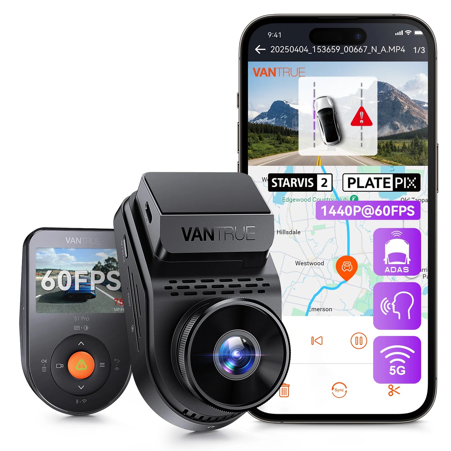 Vantrue Sonnet 1 Pro 2-CH Front + Rear – 2.7K + 1080P HDR, STARVIS 2 Cloud-Ready