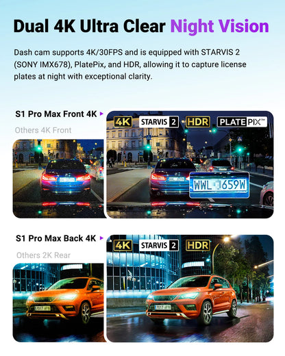 Vantrue Sonnet 1 Pro Max S1 Pro Max 2-CH Front+Rear Dash Cam - Dual 4K HDR STARVIS 2