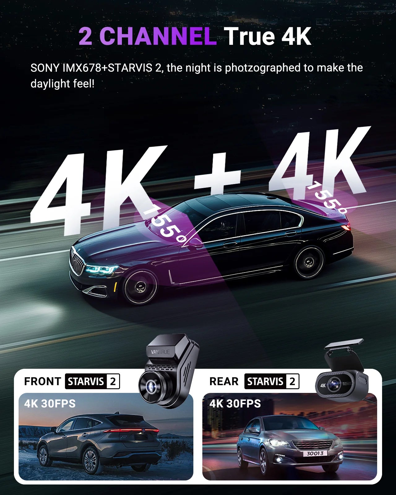 Vantrue Sonnet 1 Pro Max S1 Pro Max 2-CH Front+Rear Dash Cam - Dual 4K HDR STARVIS 2