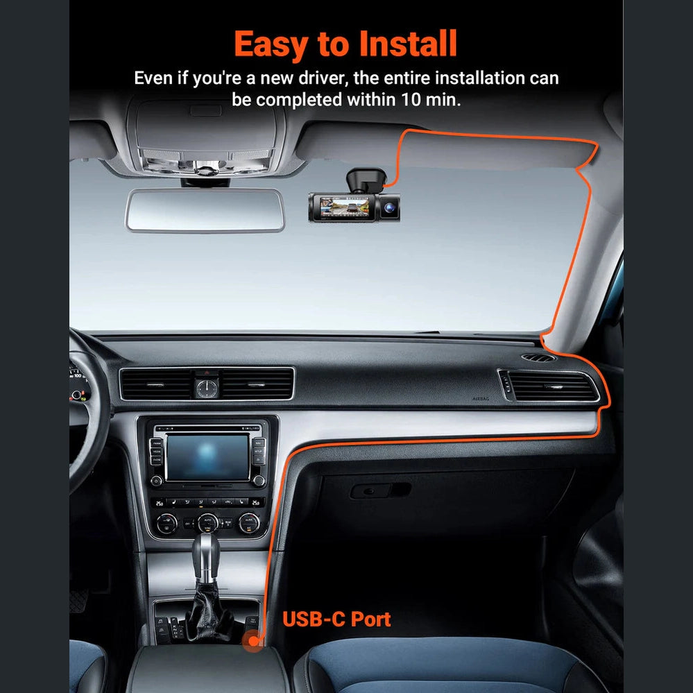 Easy install Vantrue USB-C cable routing path from dash cam to vehicle center console port