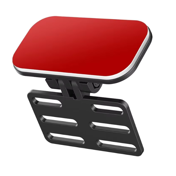 Close-up of red adhesive backing on black hinged dash cam mount