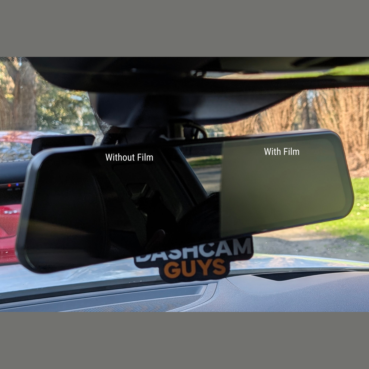 Before and after comparison of WOLFBOX anti-glare film reducing mirror glare on dash cam