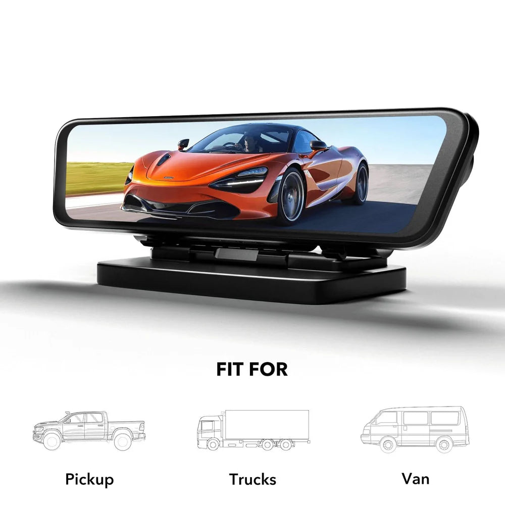 WOLFBOX console bracket holding dash cam with graphic showing fit for trucks and vans