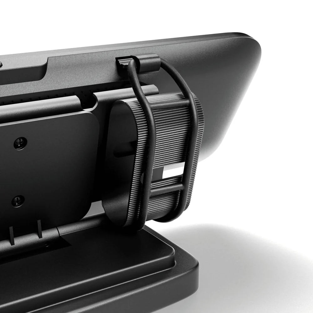 Detail of curved plastic arm connecting WOLFBOX bracket to mirror dash cam housing