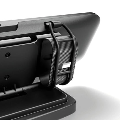 Detail of curved plastic arm connecting WOLFBOX bracket to mirror dash cam housing