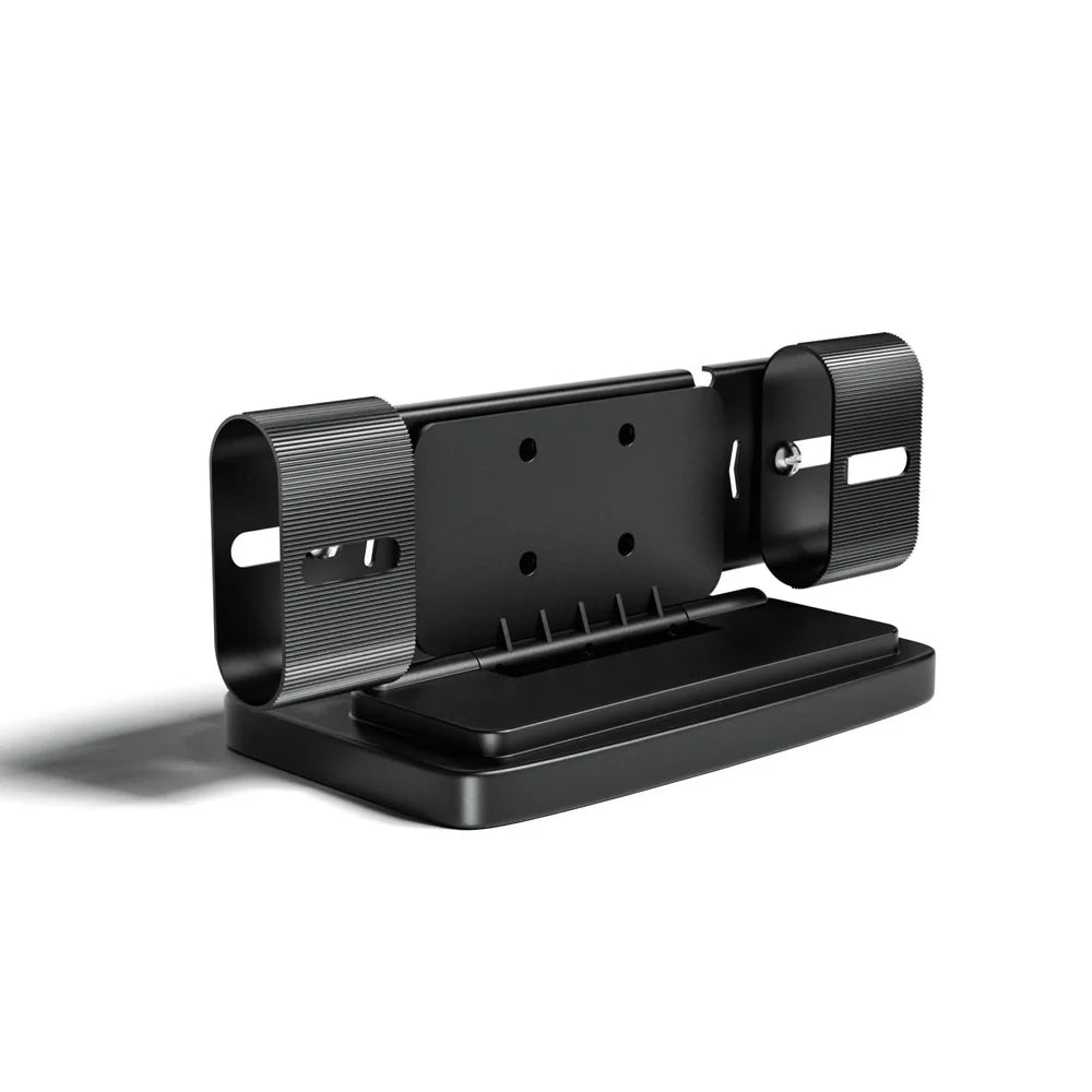 Side view of black plastic WOLFBOX dash cam console bracket with adjustable clamps