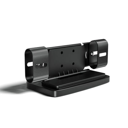 Side view of black plastic WOLFBOX dash cam console bracket with adjustable clamps