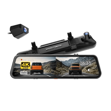 WOLFBOX G900 Pro 12-inch mirror dash cam with 4K front and 2.5K rear cameras showing split screen view