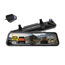 WOLFBOX G900 Pro 12-inch mirror dash cam with 4K front and 2.5K rear cameras showing split screen view