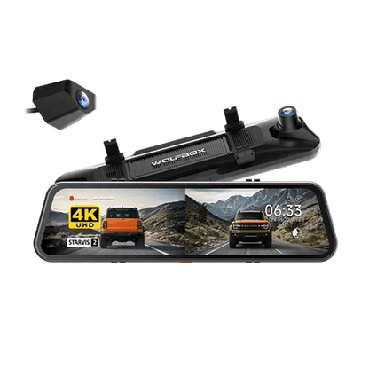 WOLFBOX G900 Pro 12-inch mirror dash cam with 4K front and 2.5K rear cameras showing split screen view
