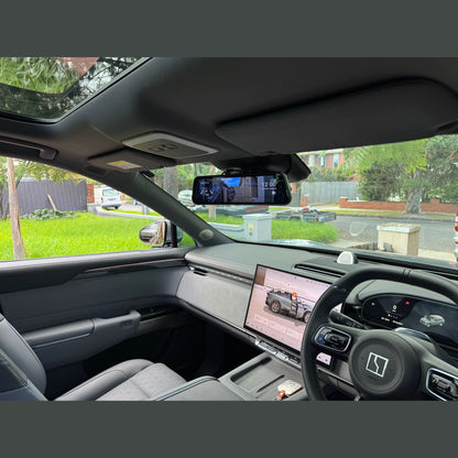 WOLFBOX G900 Pro mirror dash cam showing live rear view