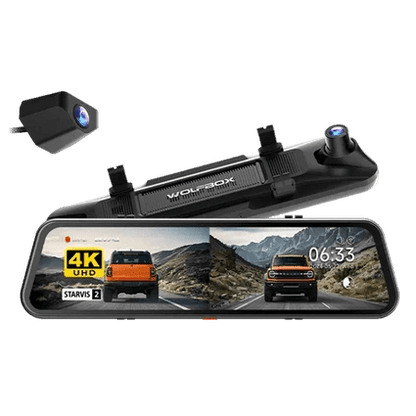 WOLFBOX G900 Pro 12-inch mirror dash cam with 4K front and 2.5K rear cameras showing split screen view