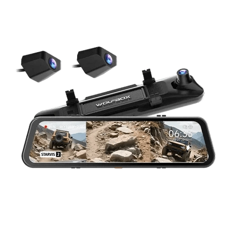WOLFBOX G900 TriPro 12-inch mirror dash cam with 4K front, 2.5K rear and bumper camera for off-road driving