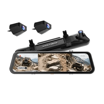 WOLFBOX G900 TriPro 12-inch mirror dash cam with 4K front, 2.5K rear and bumper camera for off-road driving