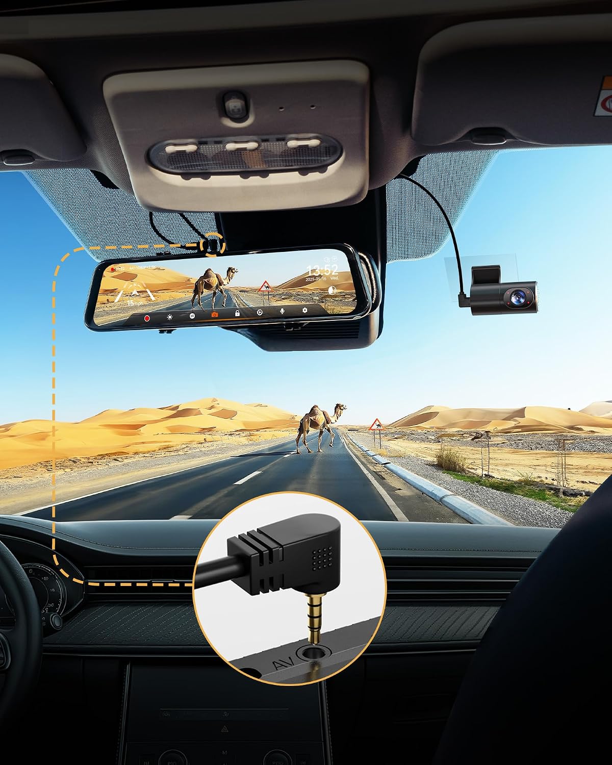 WOLFBOX cabin camera cable 3.5mm jack plugging into the AV port on a G900 TriPro mirror dash cam