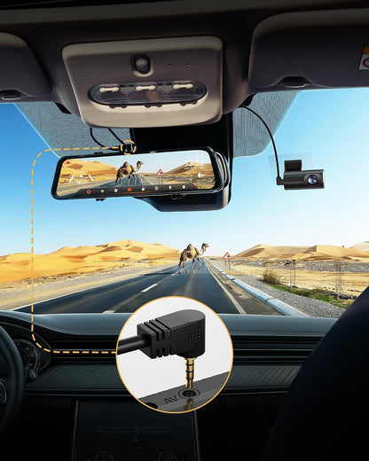 WOLFBOX cabin camera cable 3.5mm jack plugging into the AV port on a G900 TriPro mirror dash cam