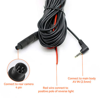 WOLFBOX G900 TriPro rear camera cable showing 4-pin and 3.5mm AV IN connection points
