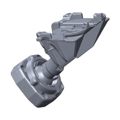 High-angle shot of curved arm gray mirror mount bracket with structural ribs and flanged base