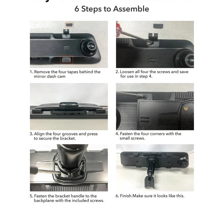 Six-step assembly guide for attaching WOLFBOX mounting bracket to dash cam