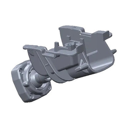 Gray plastic rearview mirror mount bracket with complex upper assembly, clips, and open cavity
