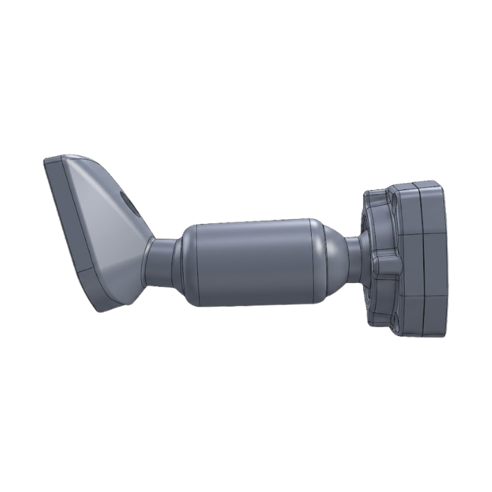 Streamlined gray plastic mirror cam mount assembly connecting head to base with multiple screw holes for factory fit