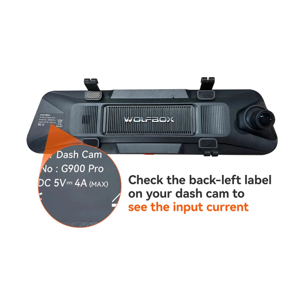 Top view of WOLFBOX G900 Pro dash cam unit showing model label and side camera