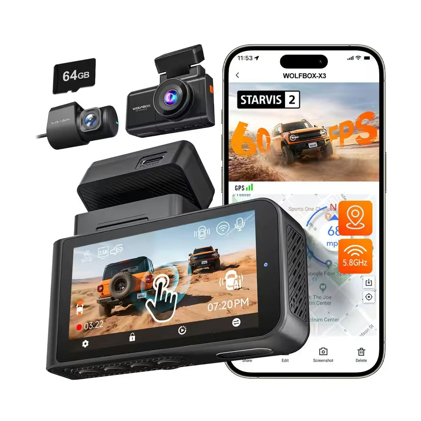 WOLFBOX X3 dash cam kit with app interface and 64GB SD card
