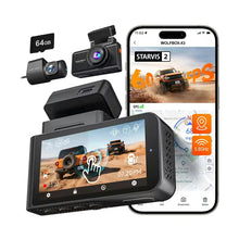 WOLFBOX X3 dash cam kit with app interface and 64GB SD card