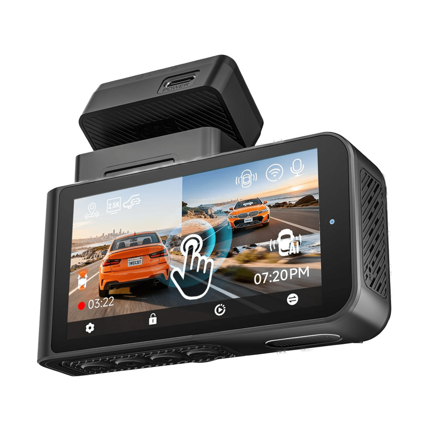 WOLFBOX X3 touchscreen display showing split-screen recording