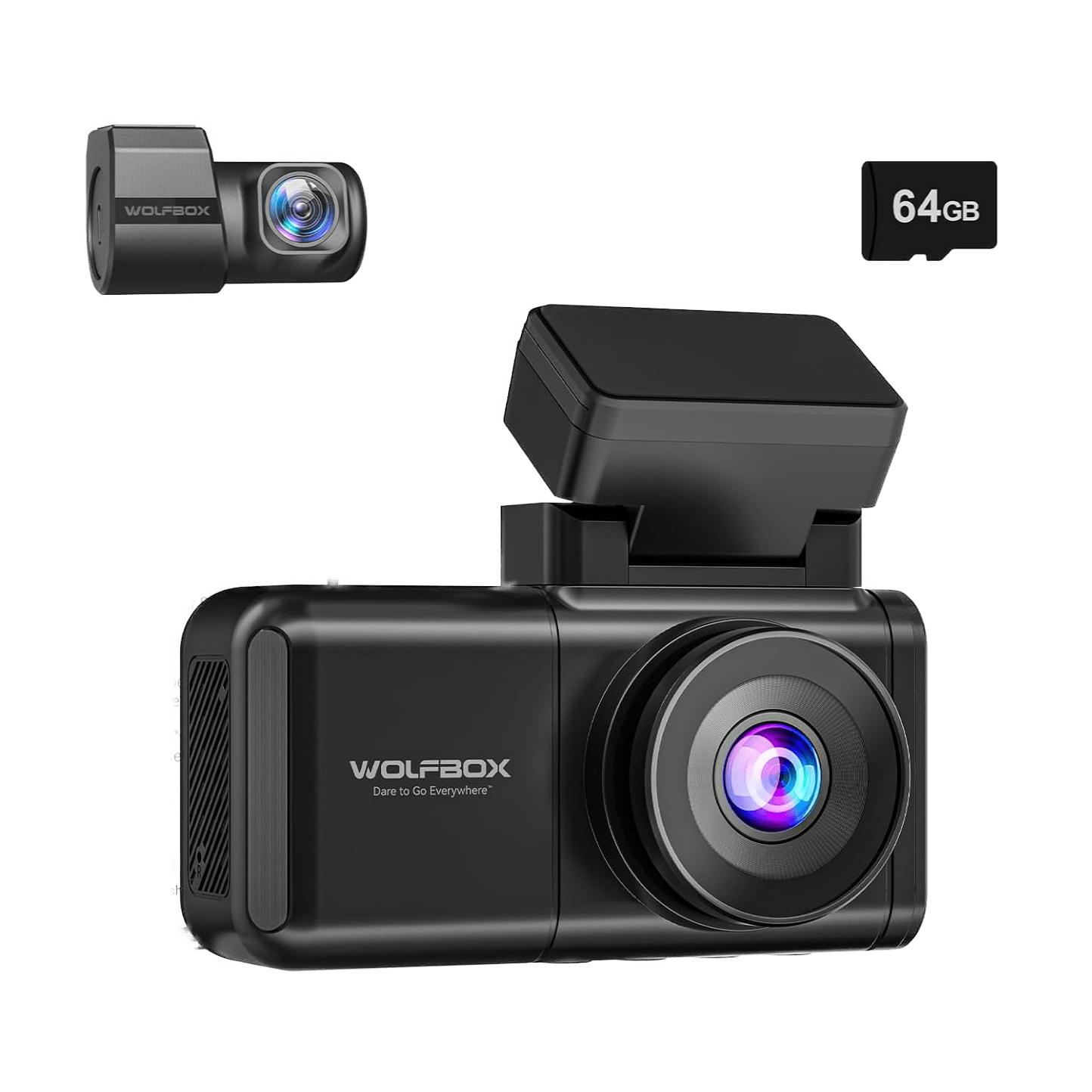 WOLFBOX X3 dash cam bundle with rear camera and memory card