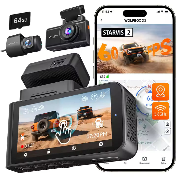 WOLFBOX X3 2-CH Front+Rear Dash Cam – 2.5K 60 fps STARVIS 2