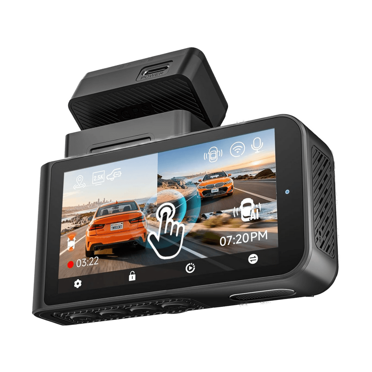 WOLFBOX X3 touchscreen display showing split-screen recording