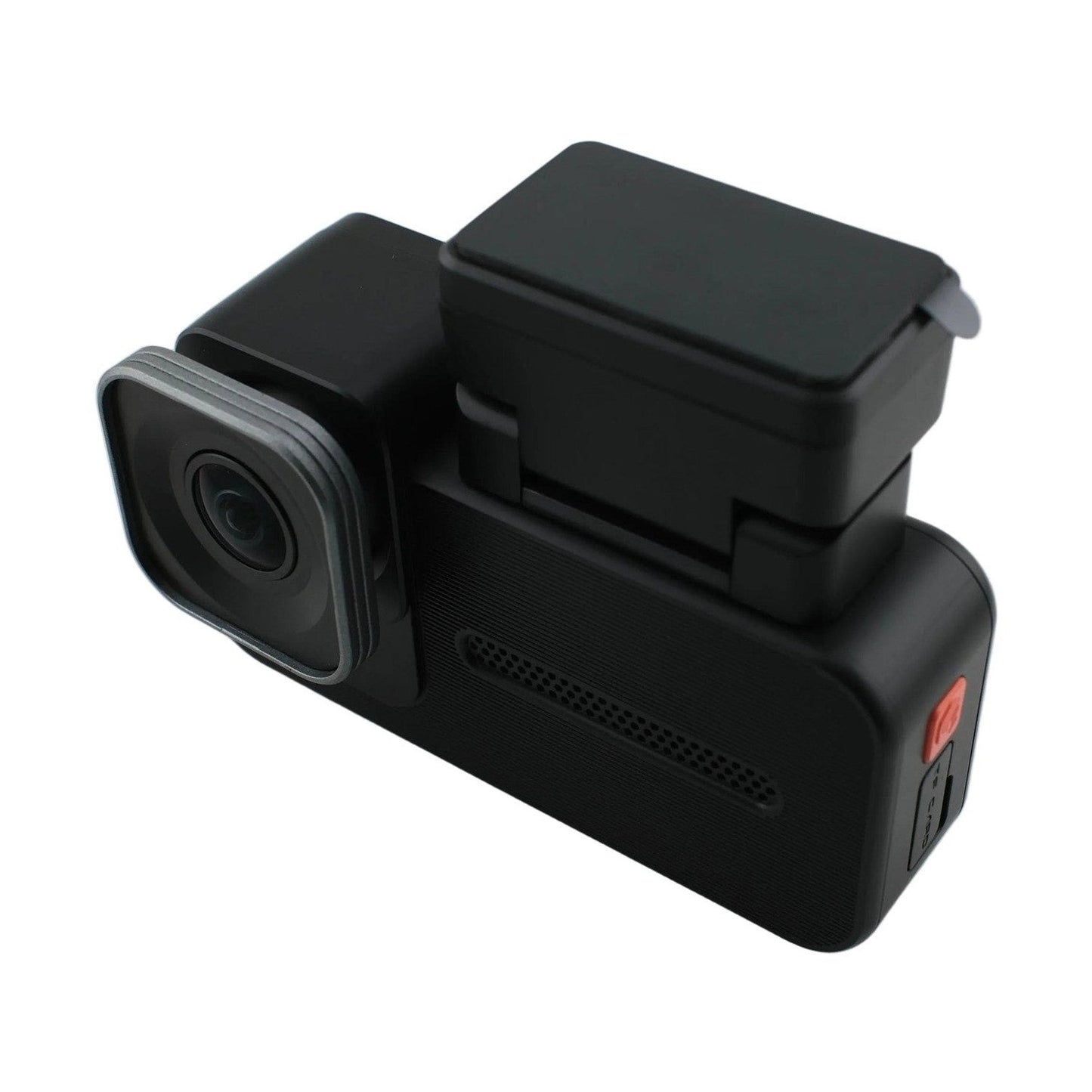 Left side angle of WOLFBOX X5 dash cam highlighting red power button and perforated grille