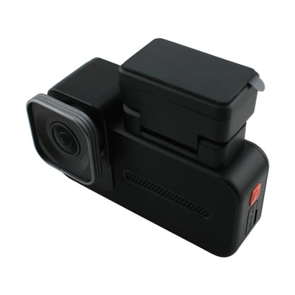 Left side angle of WOLFBOX X5 dash cam highlighting red power button and perforated grille