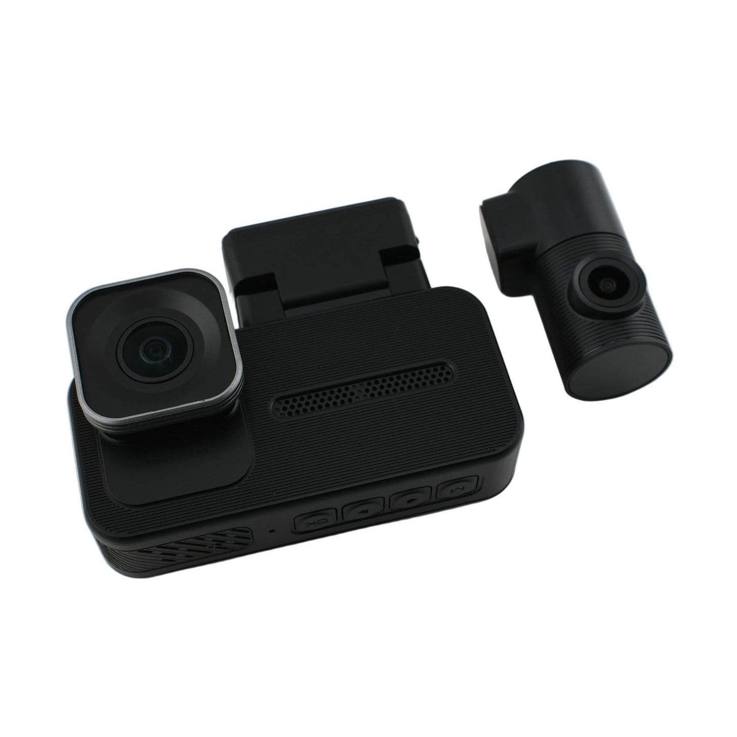 Disassembled WOLFBOX X5 tri-channel dash cam showing main unit, rear camera, and control buttons
