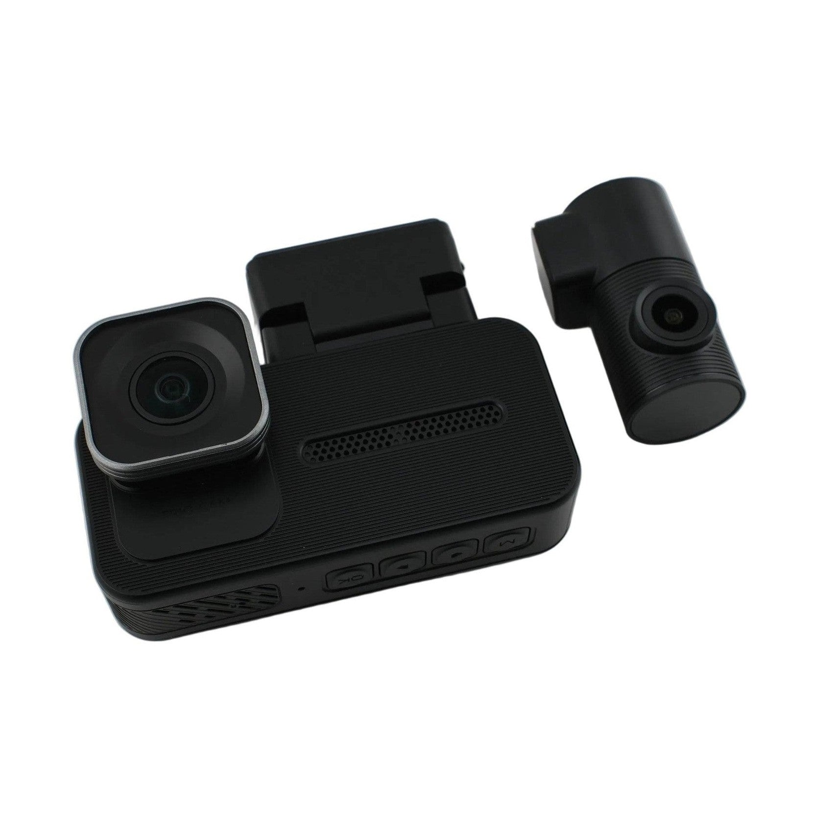 Disassembled WOLFBOX X5 tri-channel dash cam showing main unit, rear camera, and control buttons