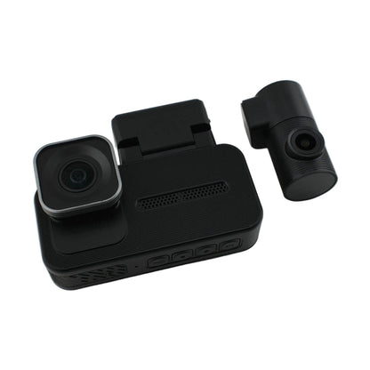 Disassembled WOLFBOX X5 tri-channel dash cam showing main unit, rear camera, and control buttons