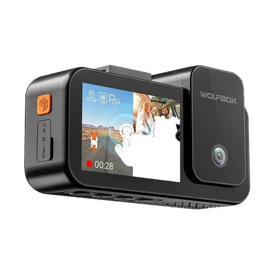 WOLFBOX X5 flip-out screen displaying split 4K road and interior cabin recording view