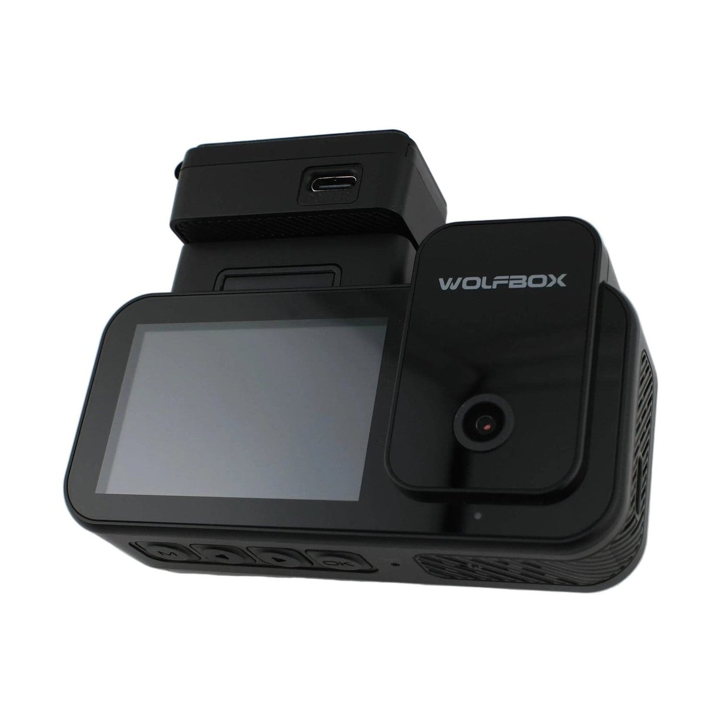 Front view of compact WOLFBOX X5 dash cam with touchscreen, physical buttons, and rear lens